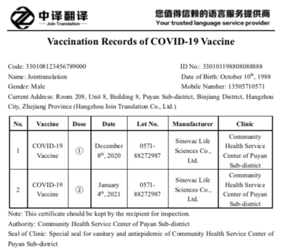 Translation and Notarization of Wenzhou COVID-19 Vaccination Certificates for Biotechnology Promotion Services